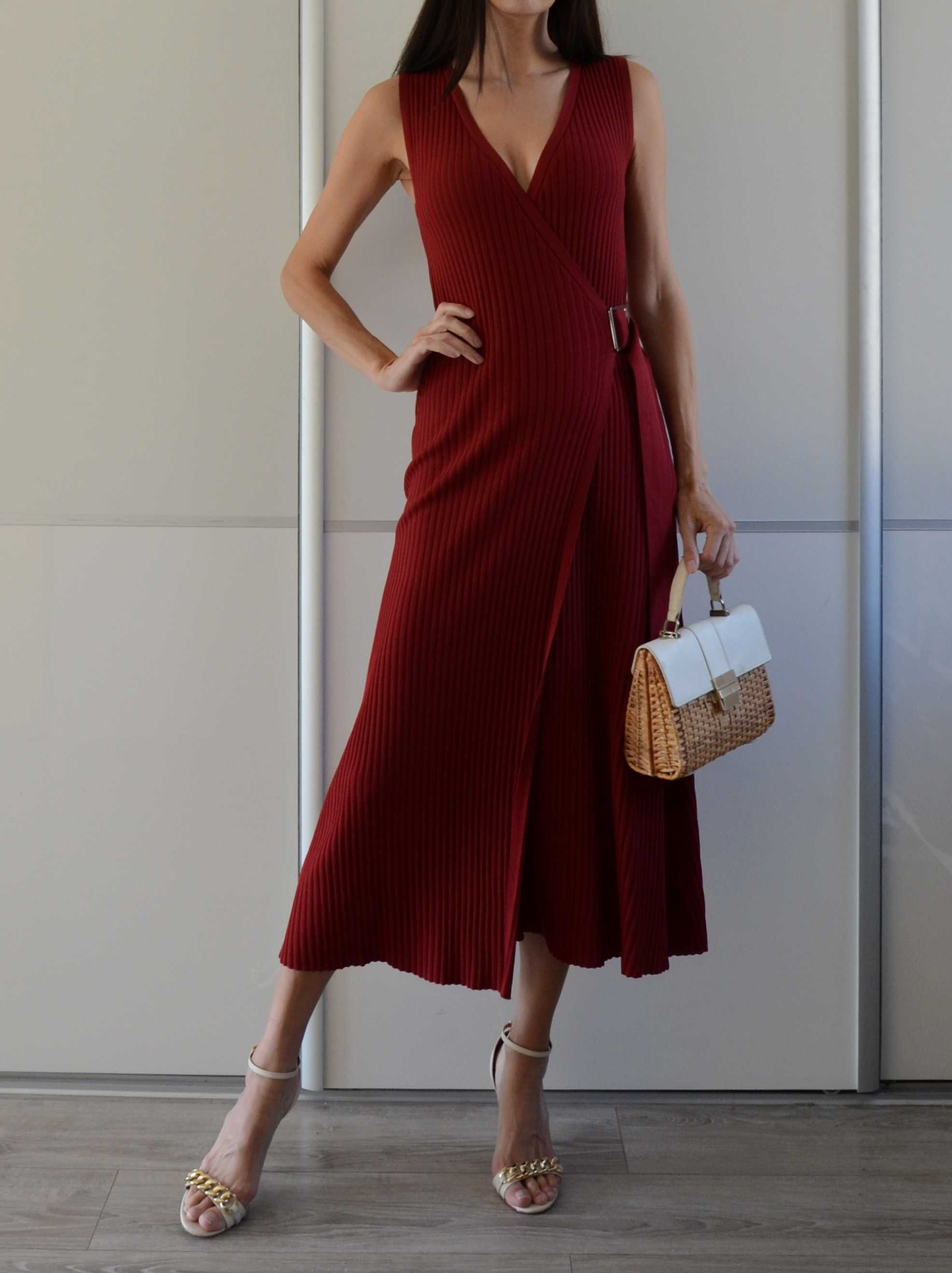 Massimo Dutti długa dzianinowa kopertowa sukienka rust premium 34 XS