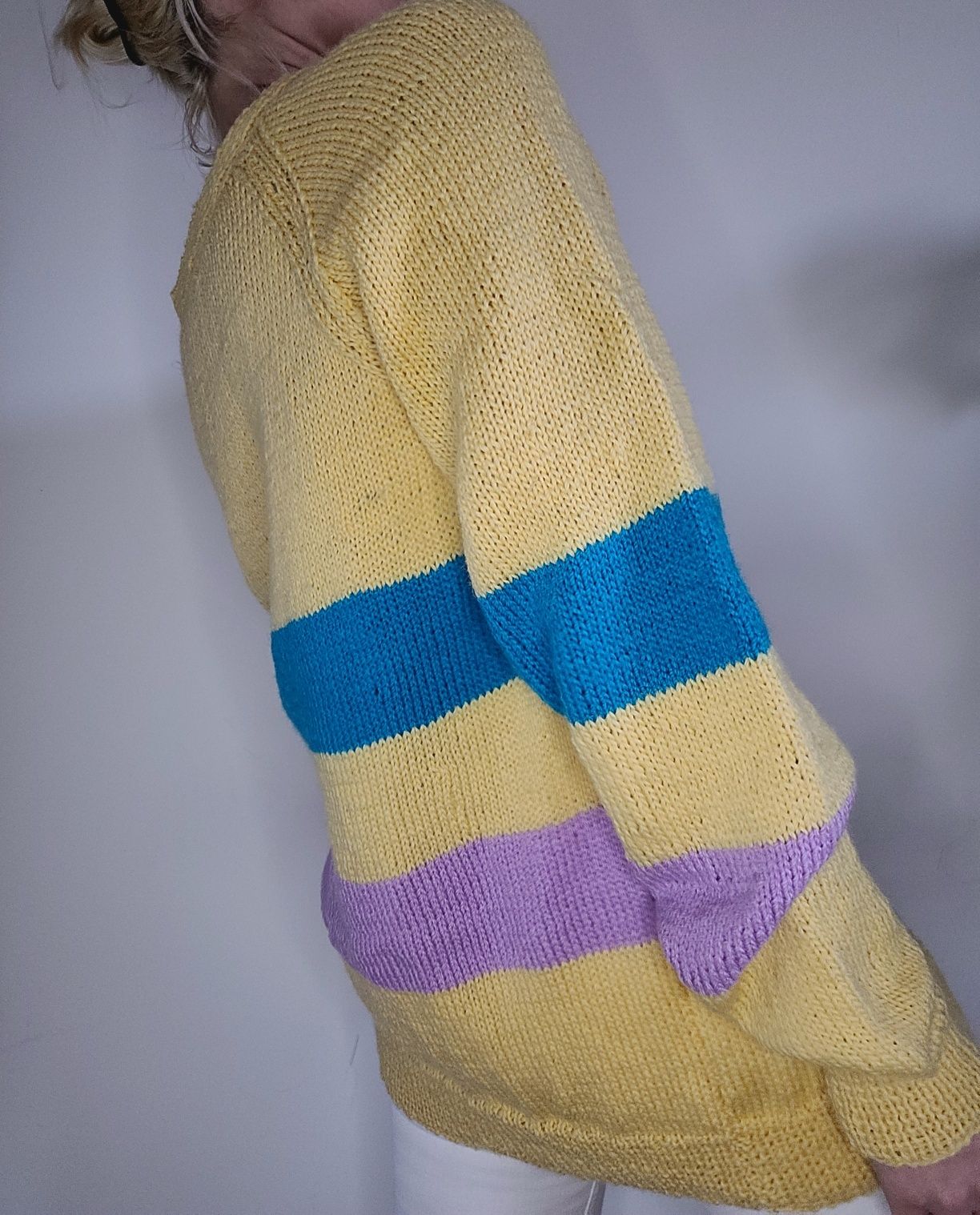 Żółty wełniany sweter w pasy oversize 100% wełna handmade