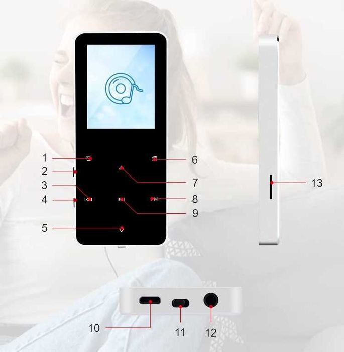 Odtwarzacz MP4 MP3 16GB Bluetooth 5.0 Radio Dyktafon Głośnik Alarm