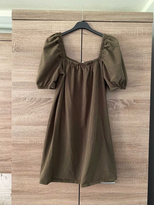 Sukienka khaki okryte ramiona hiszpanka H&M roz. S letnia z bufkami