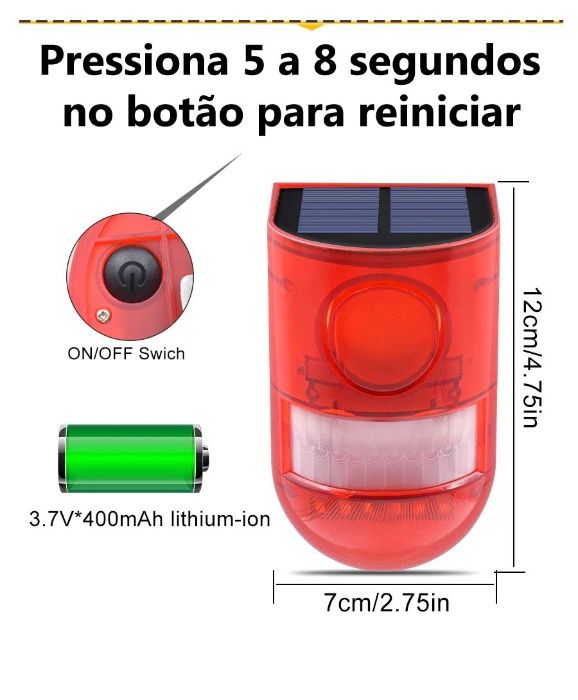 sensor movimento solar exterior com sirene luz de emergencia assusta