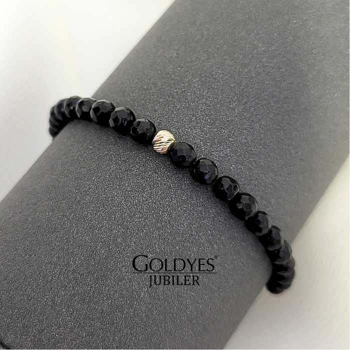 złota bransoletka na czarnym sznurku czarny turmalin 585 ZŁOTE KULKI