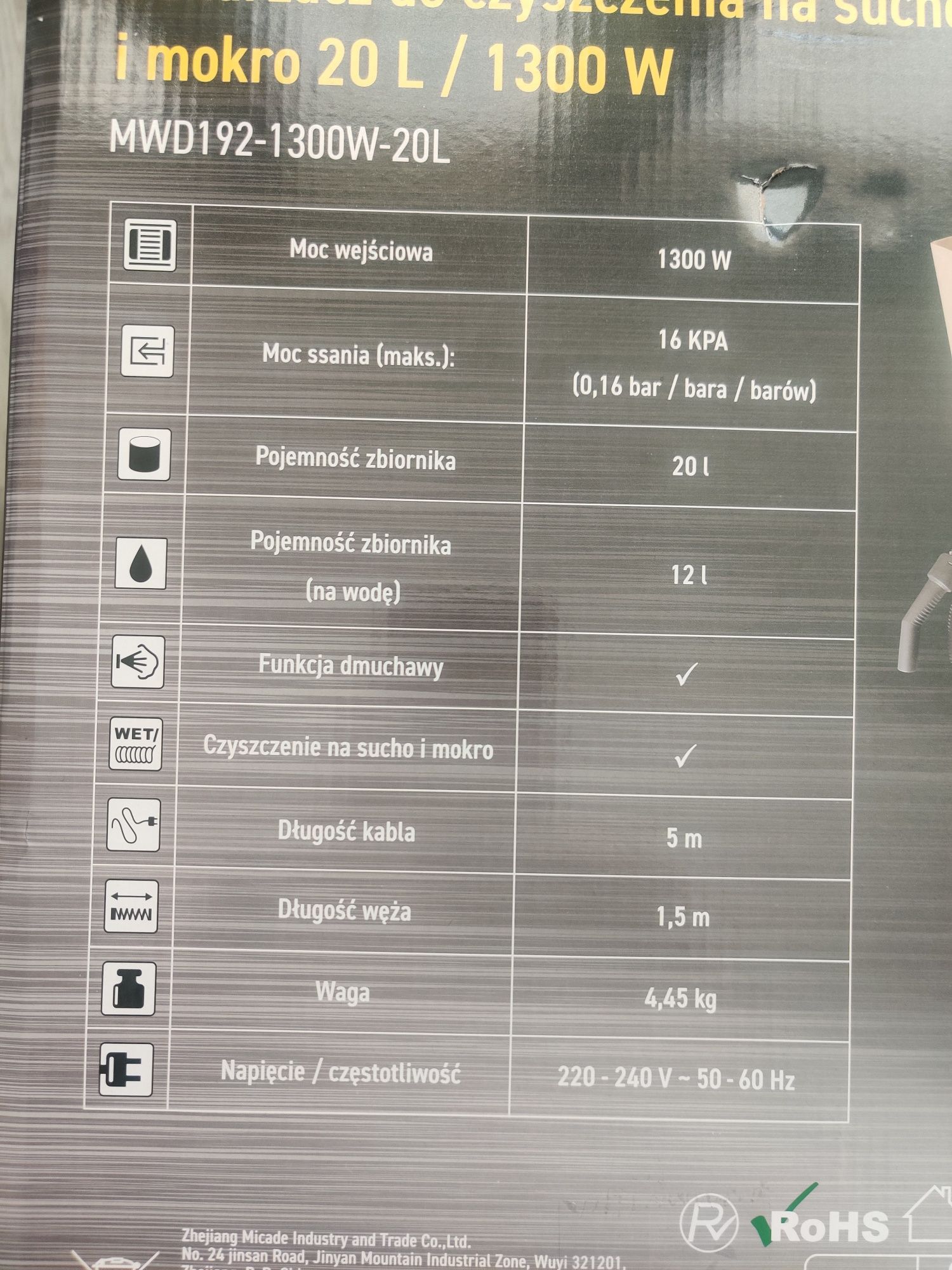 Odkurzacz warsztatowy na sucho i mokro 20L 1300W nowy