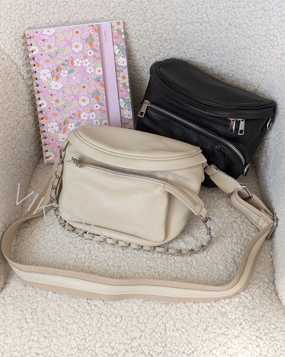 Женская кожаная итальянская сумка бананка с карманом. Шкіряна сумка