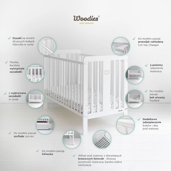 Łóżeczko niemowlęce 120x60 Woodies Foxy Cot + szuflada + bok otwarty