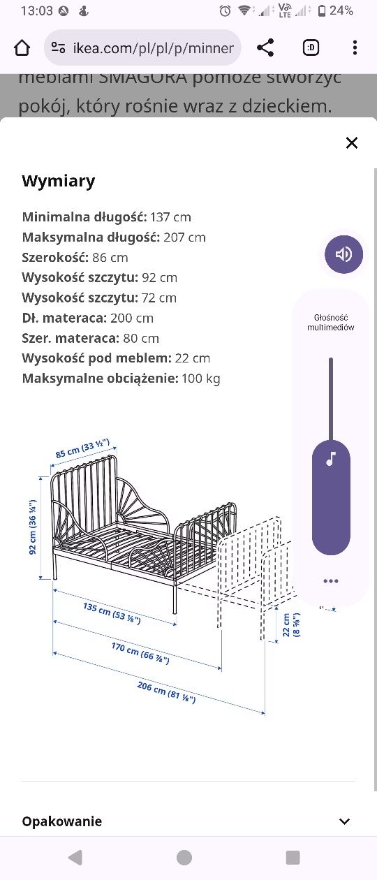 Łóżko Minnen IKEA + stelaż+ materac