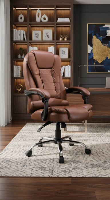 Fotel biurowy obrotowy z ekoskóry – brązowy, regulowany, wygodny
