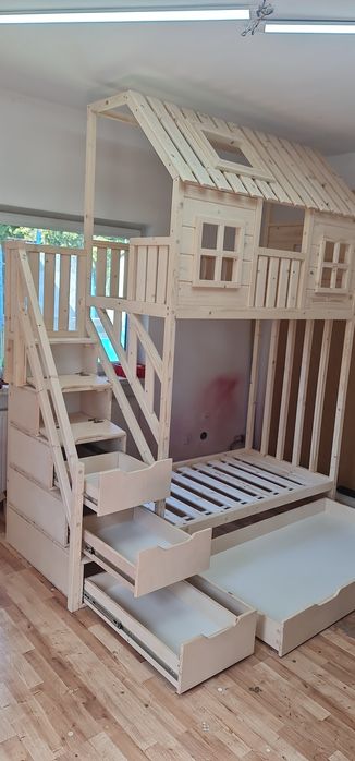 Łóżko piętrowe drewniane domek 80x160