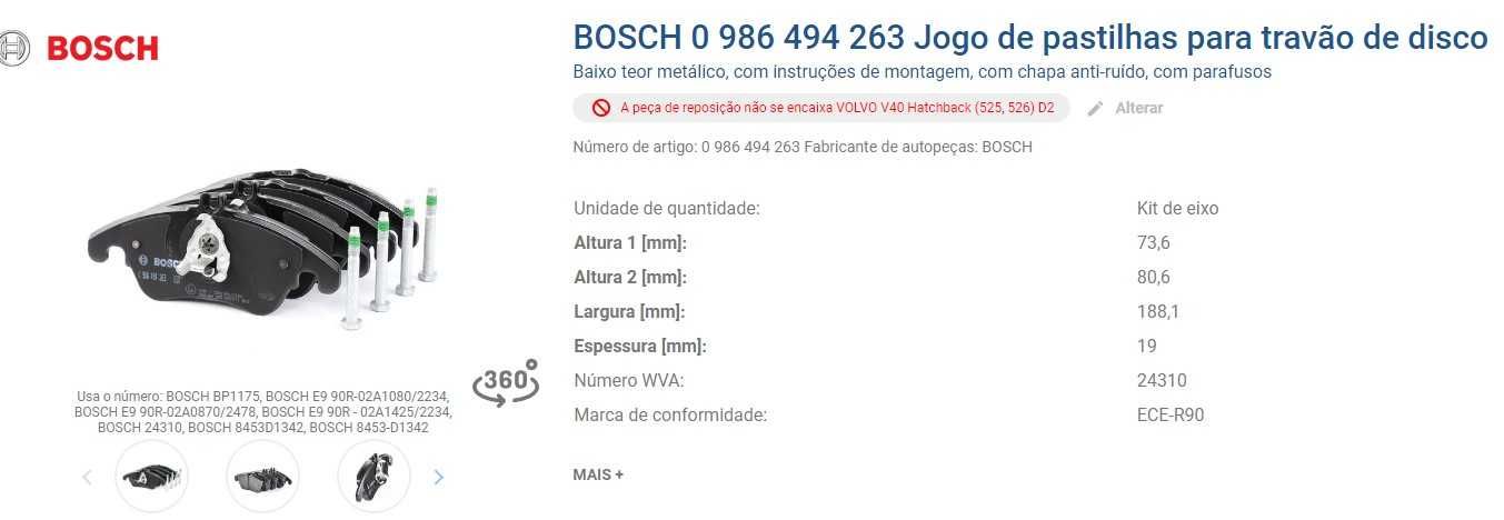 Jogo de pastilhas para travão frontais de disco BOSCH Mercedes e Audi