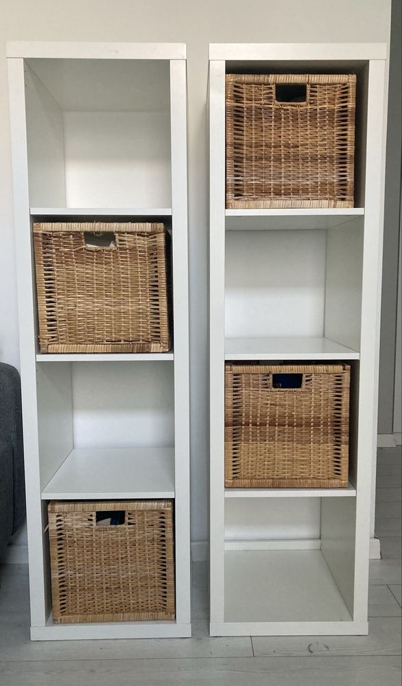 2 regały IKEA Kallax z 4 koszykami rattanowymi + szary koszyk GRATIS