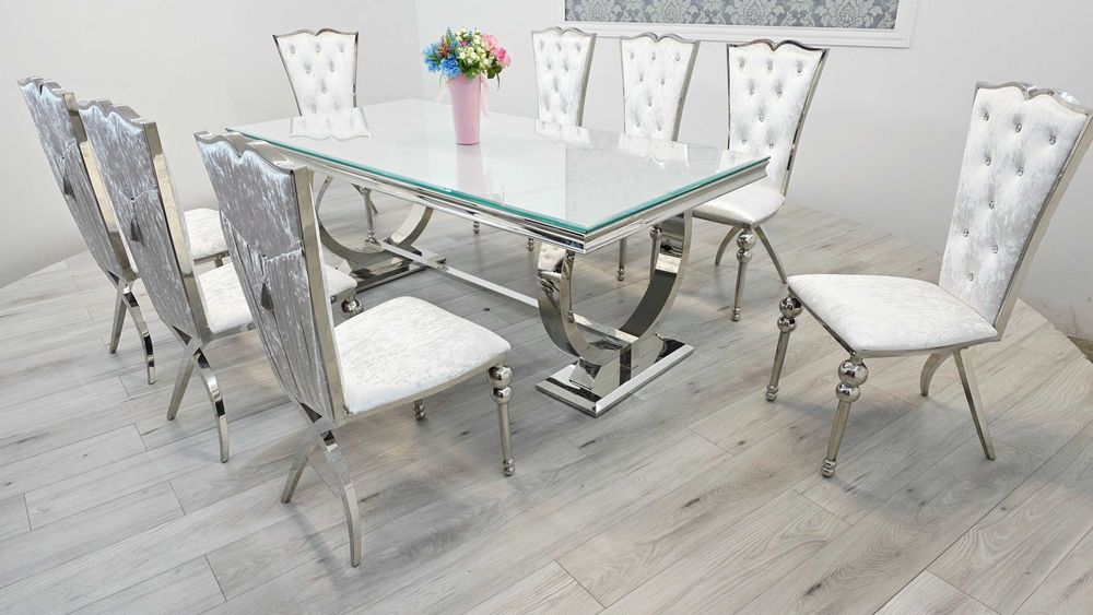 Jadalnia Glamour – stół Omega Decor 200x100 cm + 8 krzeseł Love Snow