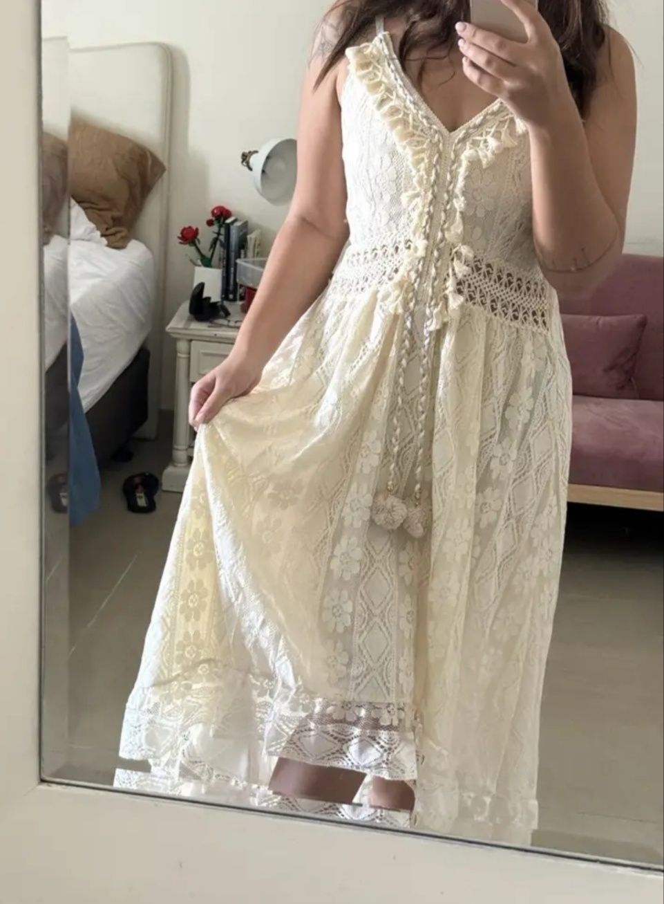 Sukienka kremowa koronkowa w stylu Boho asymetryczna nowa XL
