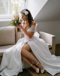 Suknia ślubna z trenem,gładka, dopinana etola, długie rękawiczki+welon