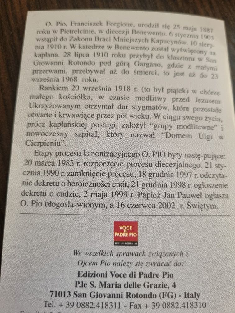 różaniec  Ojca Pio z relikwią+obrazek