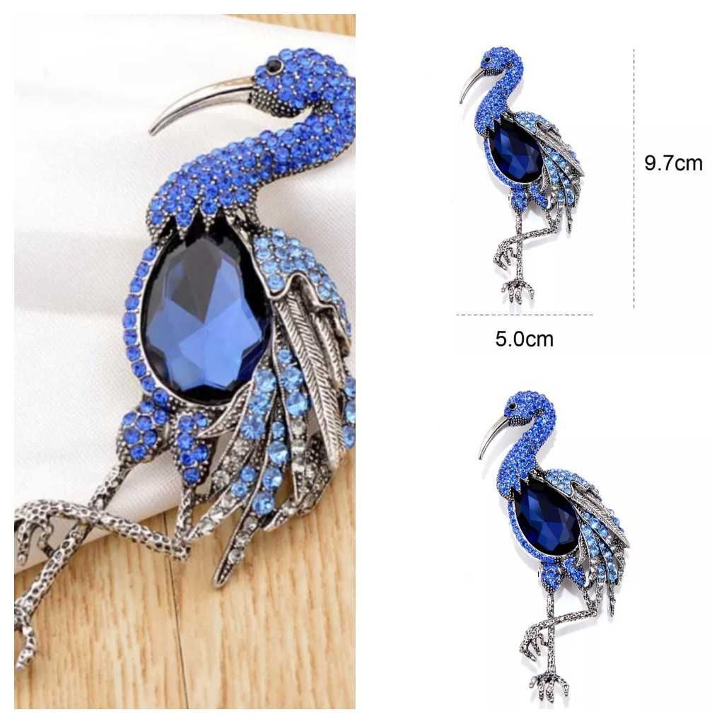 Nowa luksusowa broszka flaming kryształowy niebieski ptak bizuteria