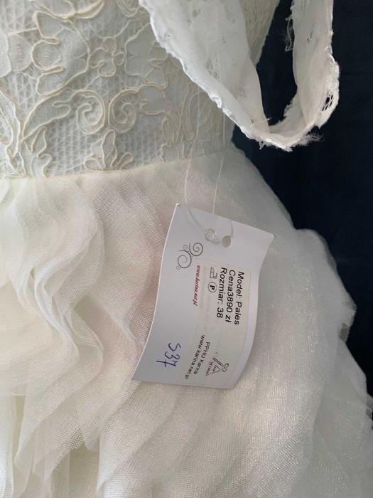 Nowa Suknia ślubna 36 S ivory tiulowe falbany gorset z trenem empire