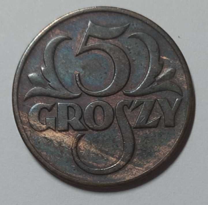 3 polskie monety 5 groszy z lat 1936, 1937 i 1938