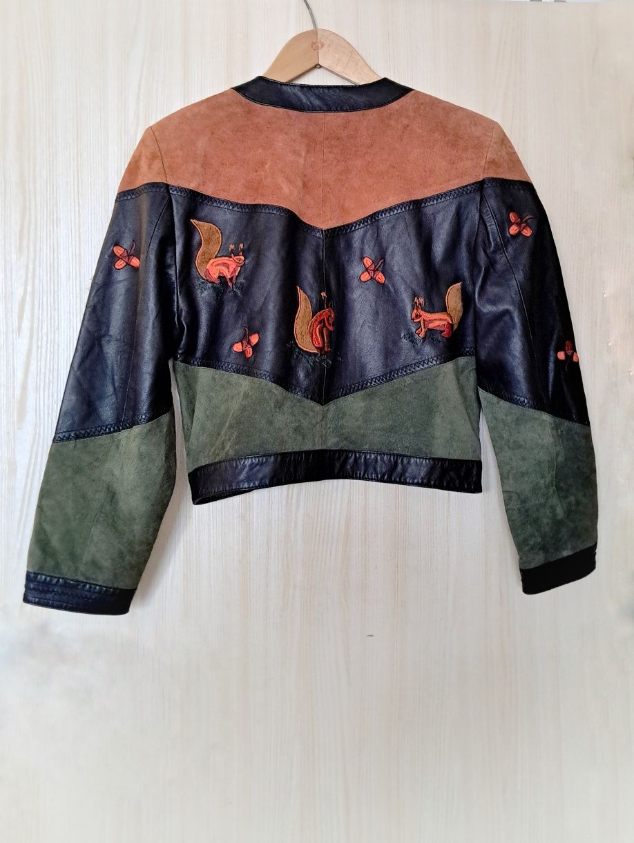 Zamszowa skórzana kurtka Dino'z patchwork wiewiórki vintage lata 80