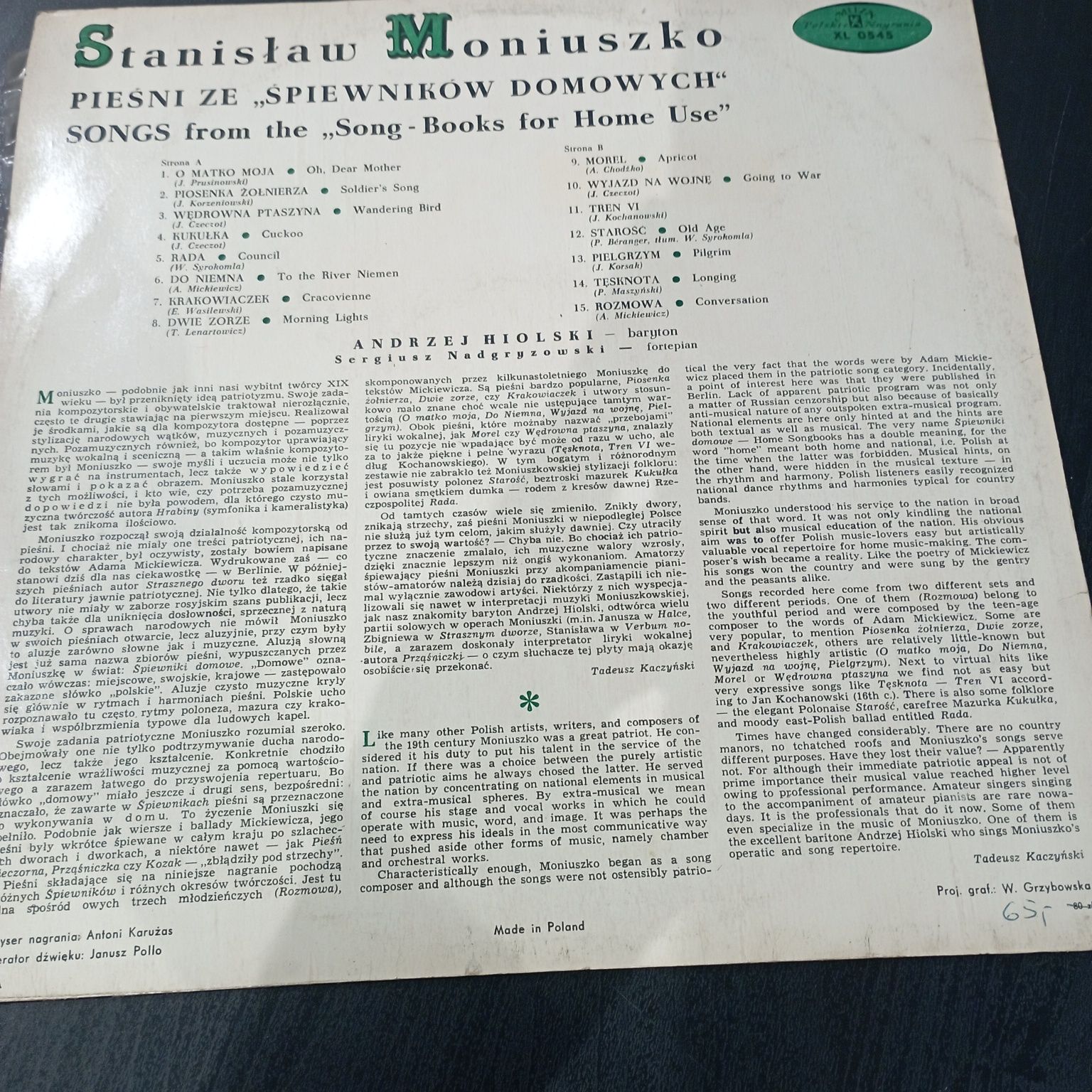 Płyta winylowa Stanisław Moniuszko pieśni ze śpiewników domowych