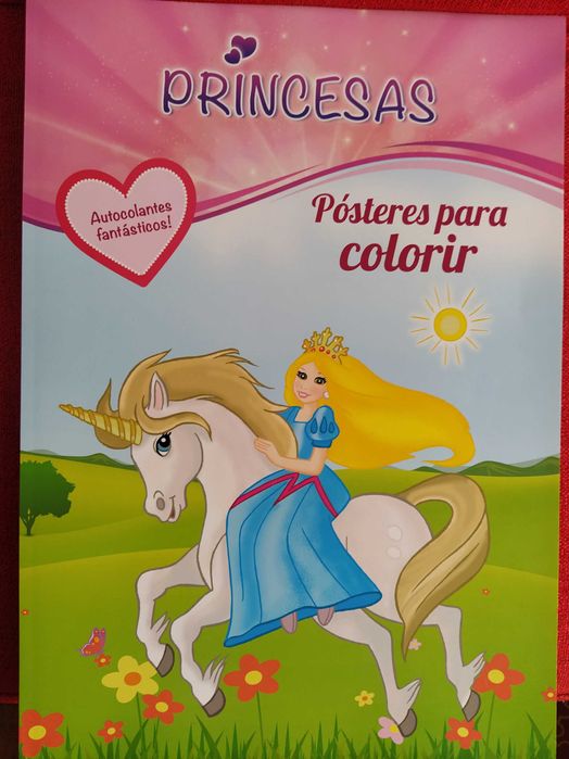 Bloco c/ 16 posters tam.A3 p/ colorir + autocolantes Princesas