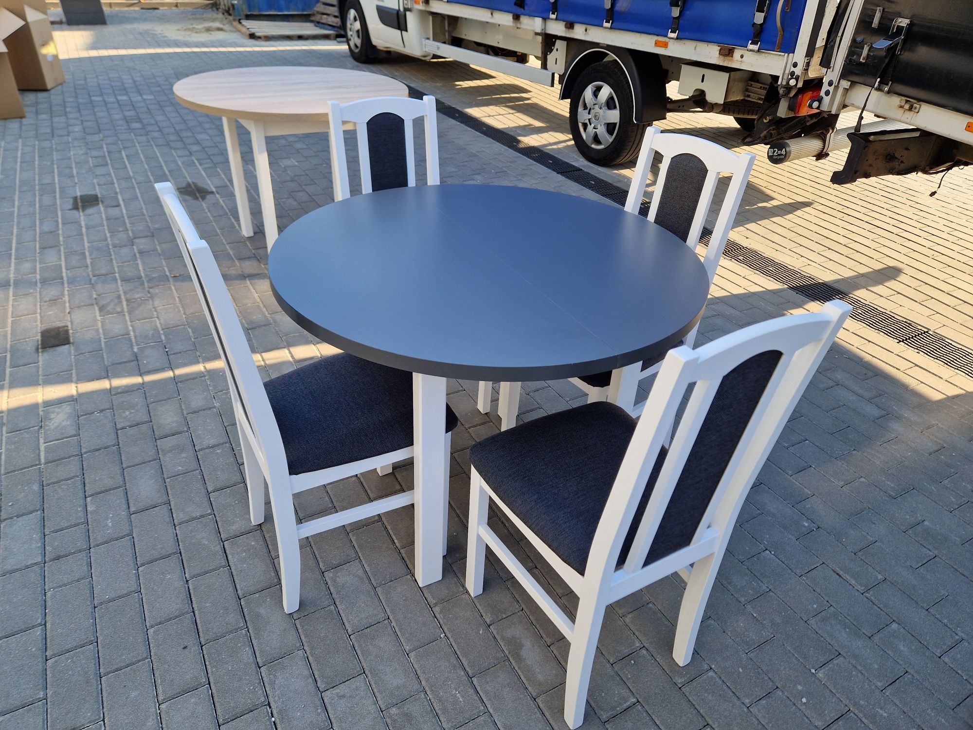Nowe: Stół okrągły + 4 krzesła, bialy/grafit + grafit , dostawa PL