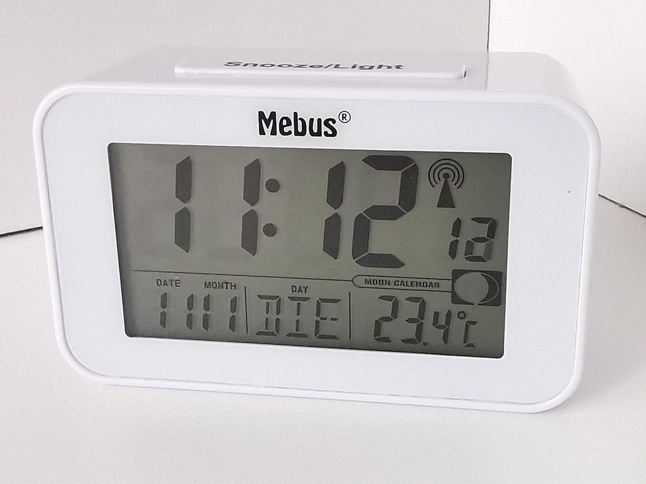 Budzik Zegar Termometr MEBUS Radiowy DCF Podświetlany LCD