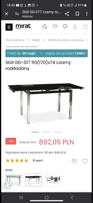 Stół szklany rozkladany 110(170)x74