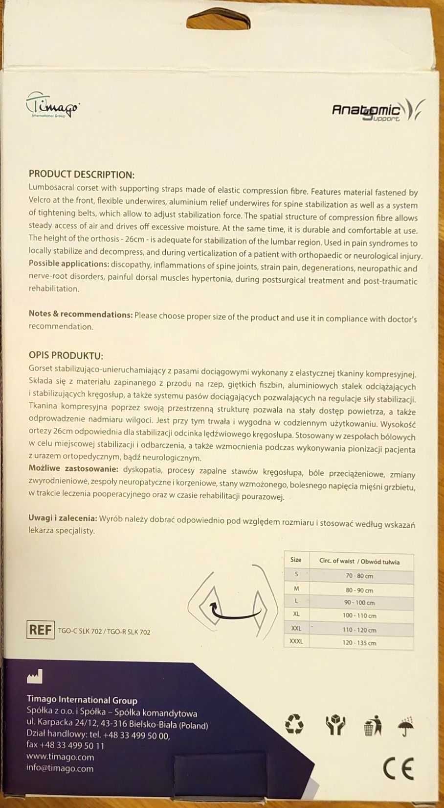 Gorset stabilizująco-usztywn. Orteza lędźwiowa Timago TGO-R SLK 702
