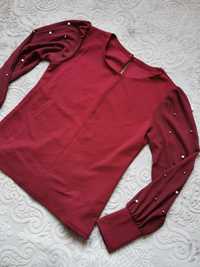 Bluzka bordowa burgundowa z perełkami  długi rękaw S M 36 38 boho