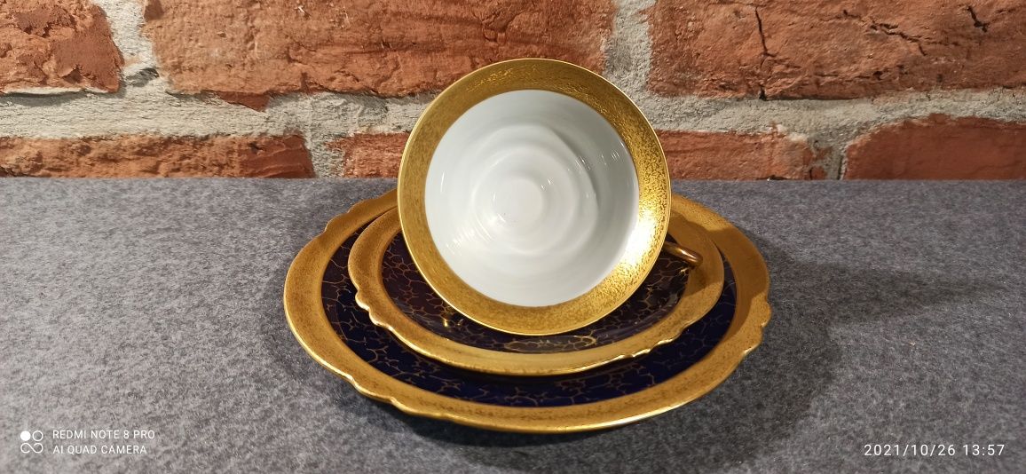 R..Porcelana  ILMENAU TRIO BRABANT Echt Kobalt 24K złocona
