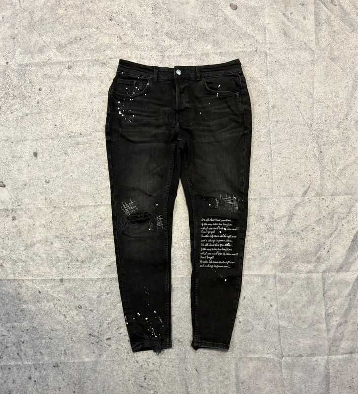 Czarne spodnie Zara z dziurami printed painted drill Drip uk - Size 42