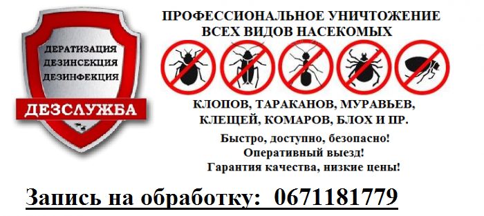 Дезінфекція/Дезінсекція/Потравка/клопы, тараканы, клещи, вши, грызуны