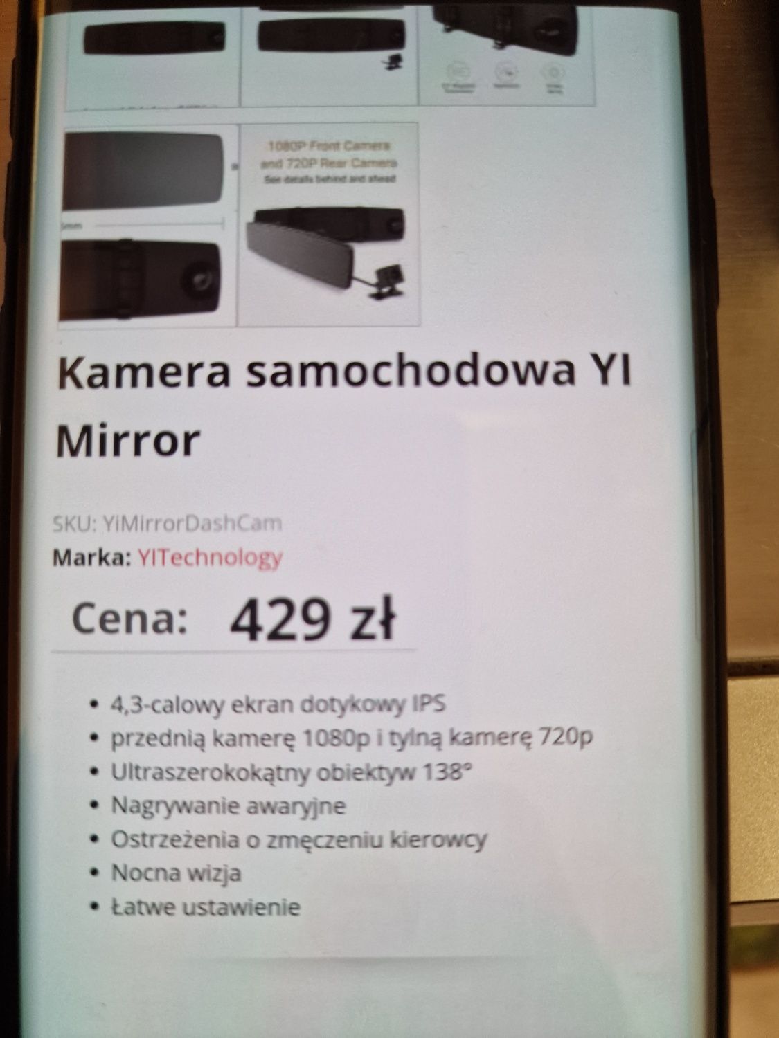 Wideorejestrator YI Mirror Dash+Kamera samochodowa + tylna do parkowan
