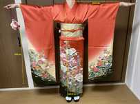 Japońskie kimono furisode + pas obi + sznur obijime + torebka