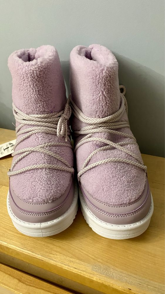 Śniegowce lila trapery buty zimowe sznurówki fioletowe modne piękne