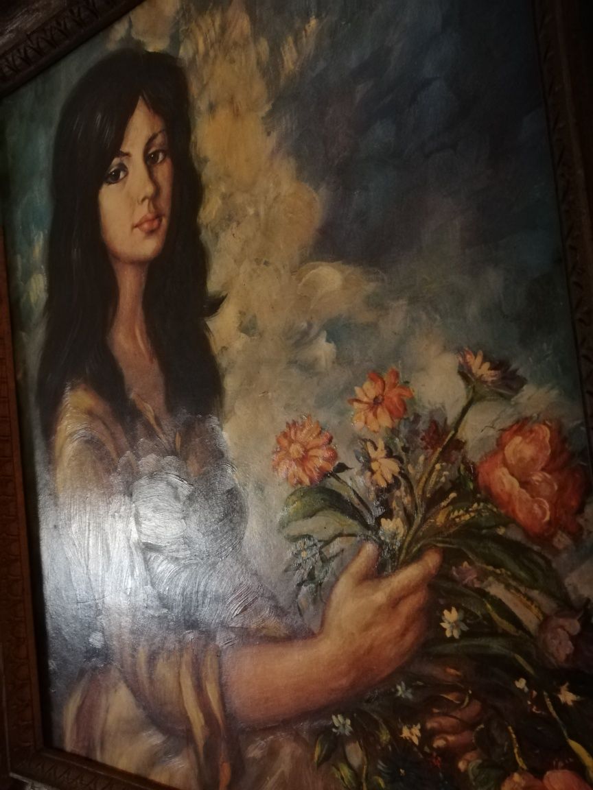 Obraz "Dziewczyna z kwiatami" FIUME antyk, piękna rama, stylowy OKAZJA