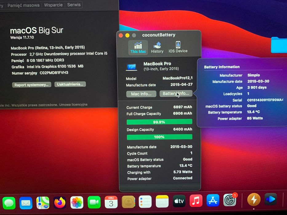 Apple Macbook Pro Retina A1502 i5 8GB/128 13.3" zasilacz nowa bateria