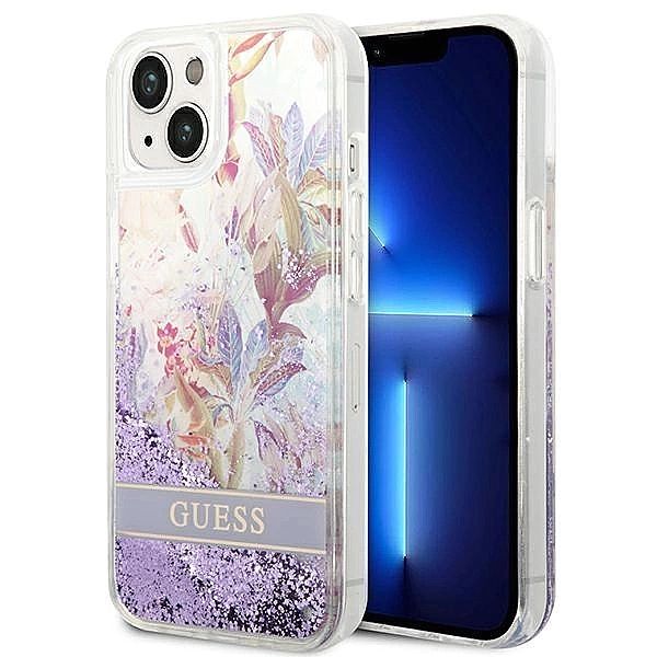 Etui Guess Flower Liquid Glitter na iPhone 14 Plus - fioletowe