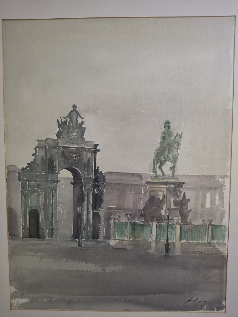 António Neves aguarela pintura quadro Lisboa Terreiro do Paço