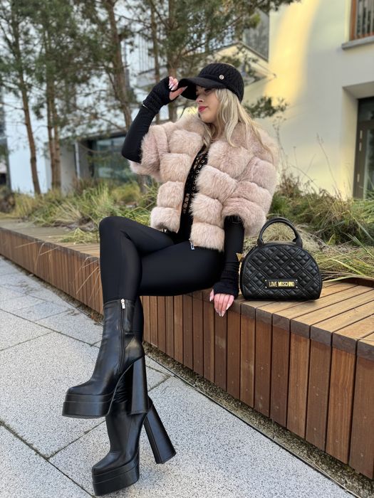 Futro naturalne z lisa pudrowy róż s 36 Mega gęste 2 w 1 krótkie