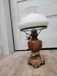 Lampa stołowa biurkowa PRL porcelanowo szklana brązowa retro vintage
