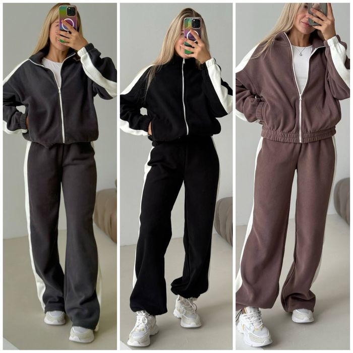 Костюм жіночий теплий фліс з лампасами штани паацо/карго і кофа