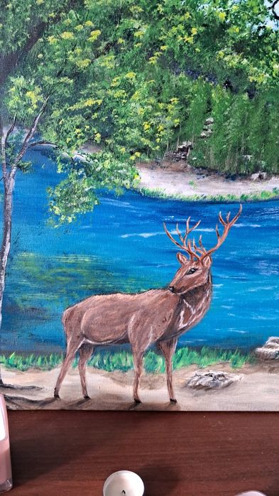 Jeleń na jeziorze. Namalowany akrylem na płótnie 58×78