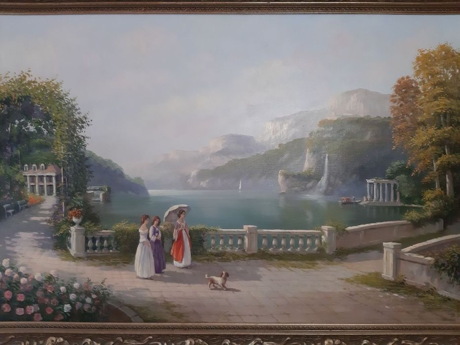 Картина маслом "Дамы с собакой на прогулке"