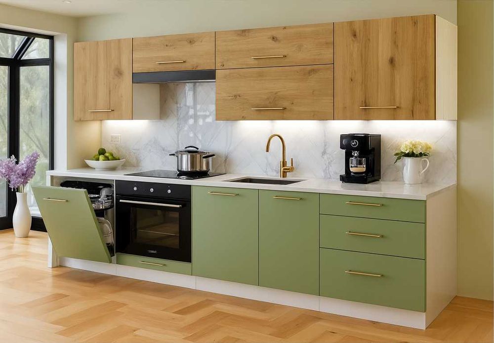 meble kuchenne 260 kuchnia kaszmir 2,6m biały szary połysk szałwia