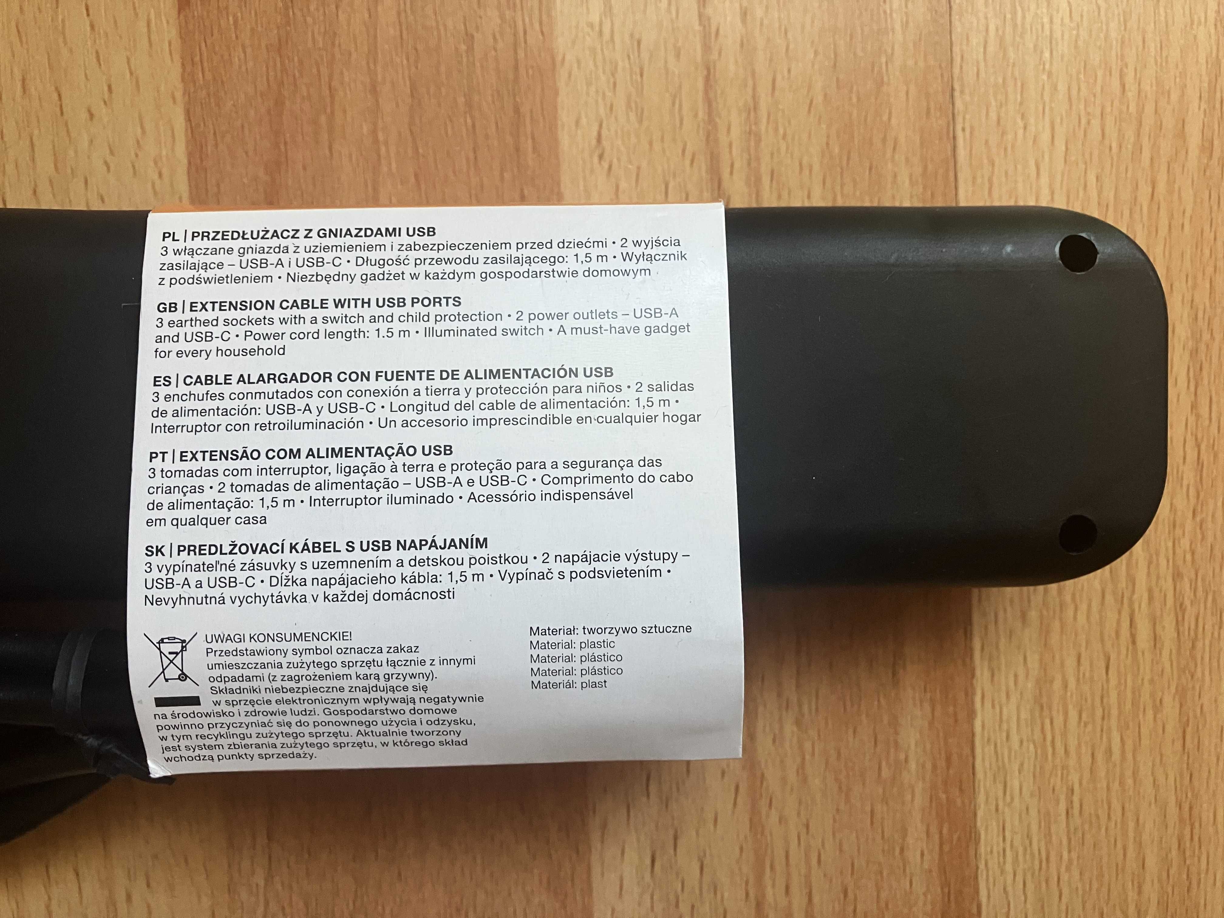 1x Przedłużacz elektryczny 1,5m z gniazdami USB A i C HYKKER listwa!
