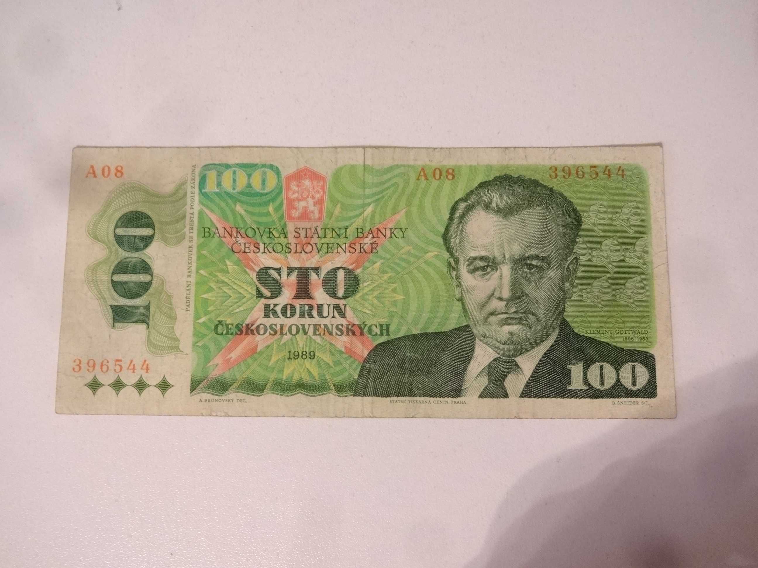 Banknot Republika Czeska 100 Korun 1989 series A Prahaa Prague Ladna