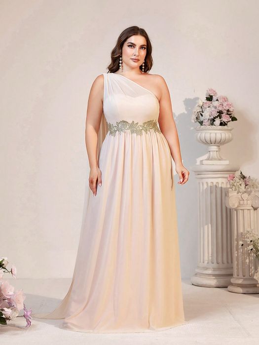 Sukienka Wieczorowa Szyfonowa Na Jedno Ramię Z Peleryną Maxi Shein 3Xl