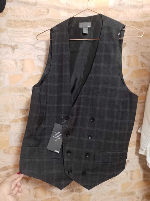 (M) H&M/ Dwurzędowa kamizelka garniturowa w kratę z Londynu, NOWA