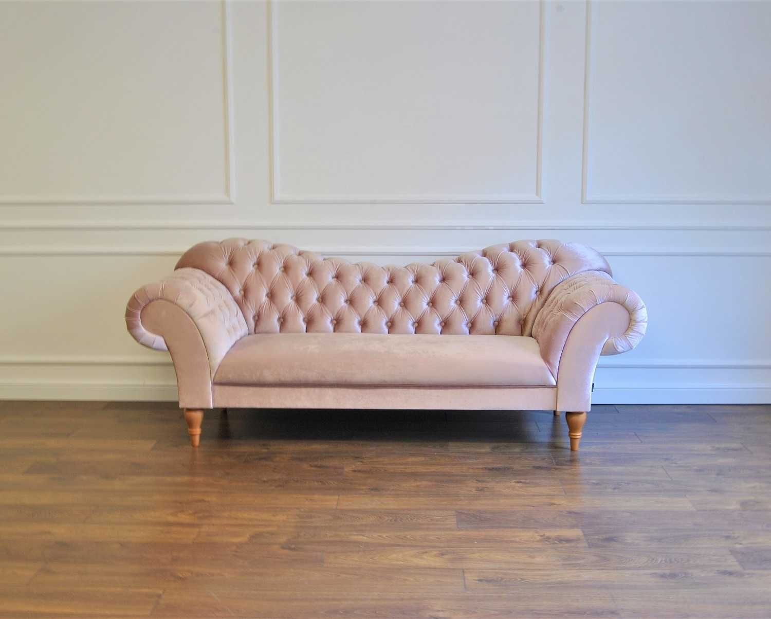 Pikowana Sofa Chesterfield Glamour Pudrowy Róż 3-osobowa